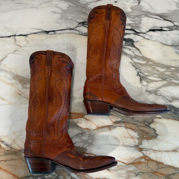 Lucchese Women’s Tall Chocolate + Saddle Brown Leather Cowboy Boots with Inlay - Picture 3 of 14